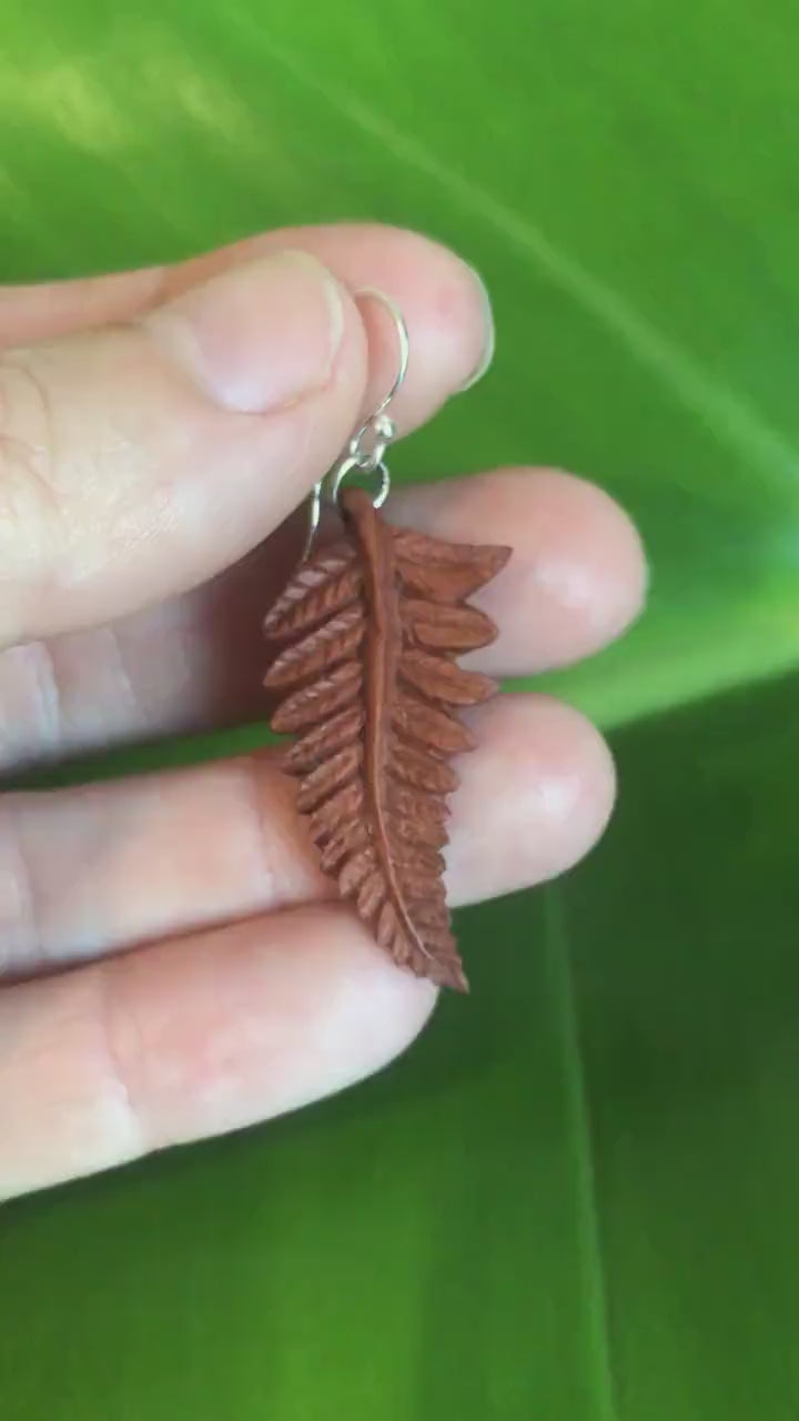 Fern Earrings - Red/Brown Mahogany - Wood Leaf Earrings