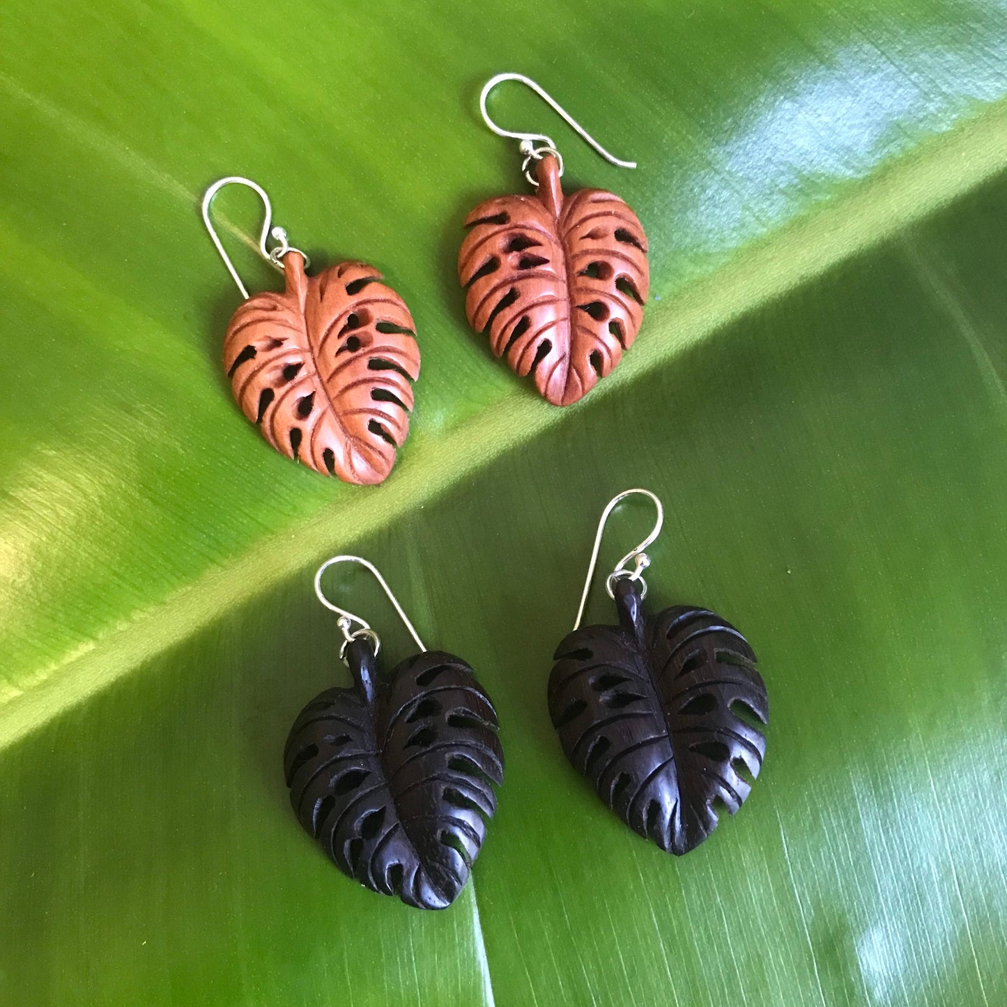 Monstera Deliciosa Drop Earrings - Stirling silver hooks