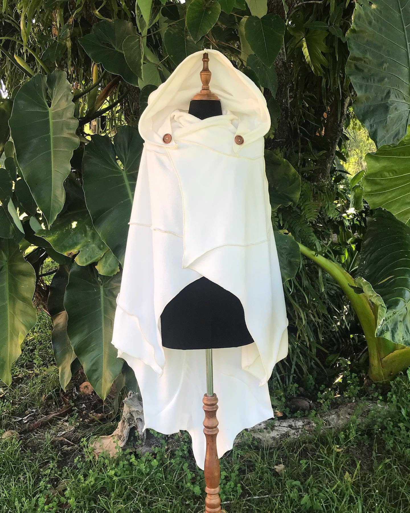 Bone White Leaf Cape Poncho with Giant Pixie Hood - cloak - cape