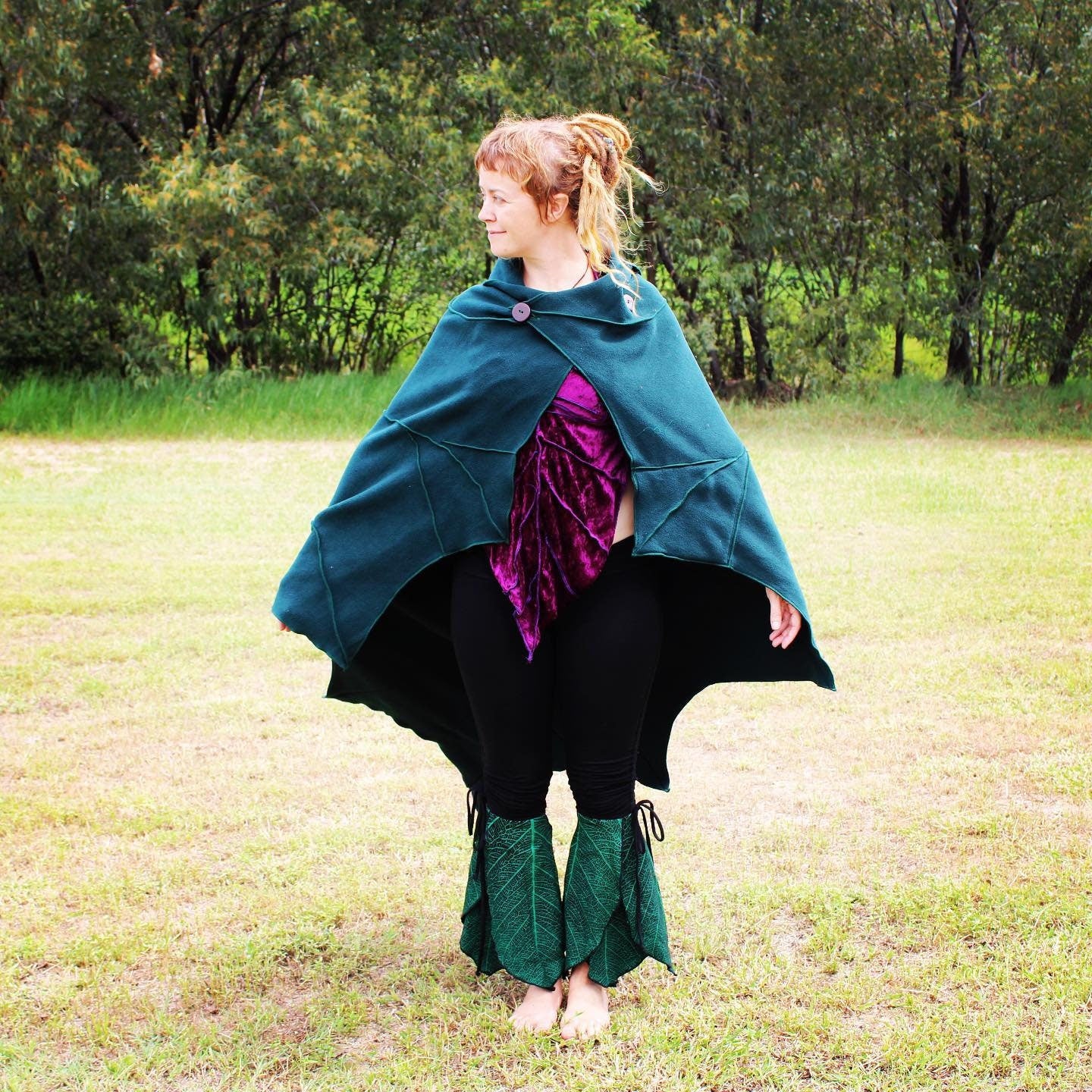 Bottle Green - Leaf Cape Poncho with Giant Pixie Hood - - cloak - cape